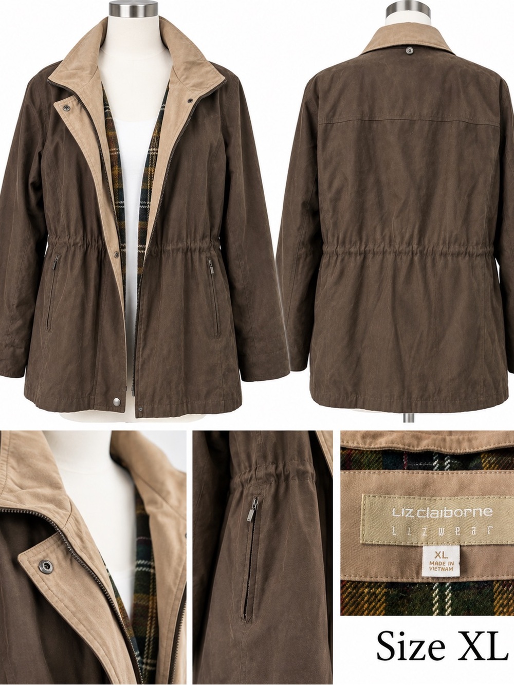 Liz Claiborne Lizwear Women’s Jacket – Size XL | Brown | Removable Plaid Liner